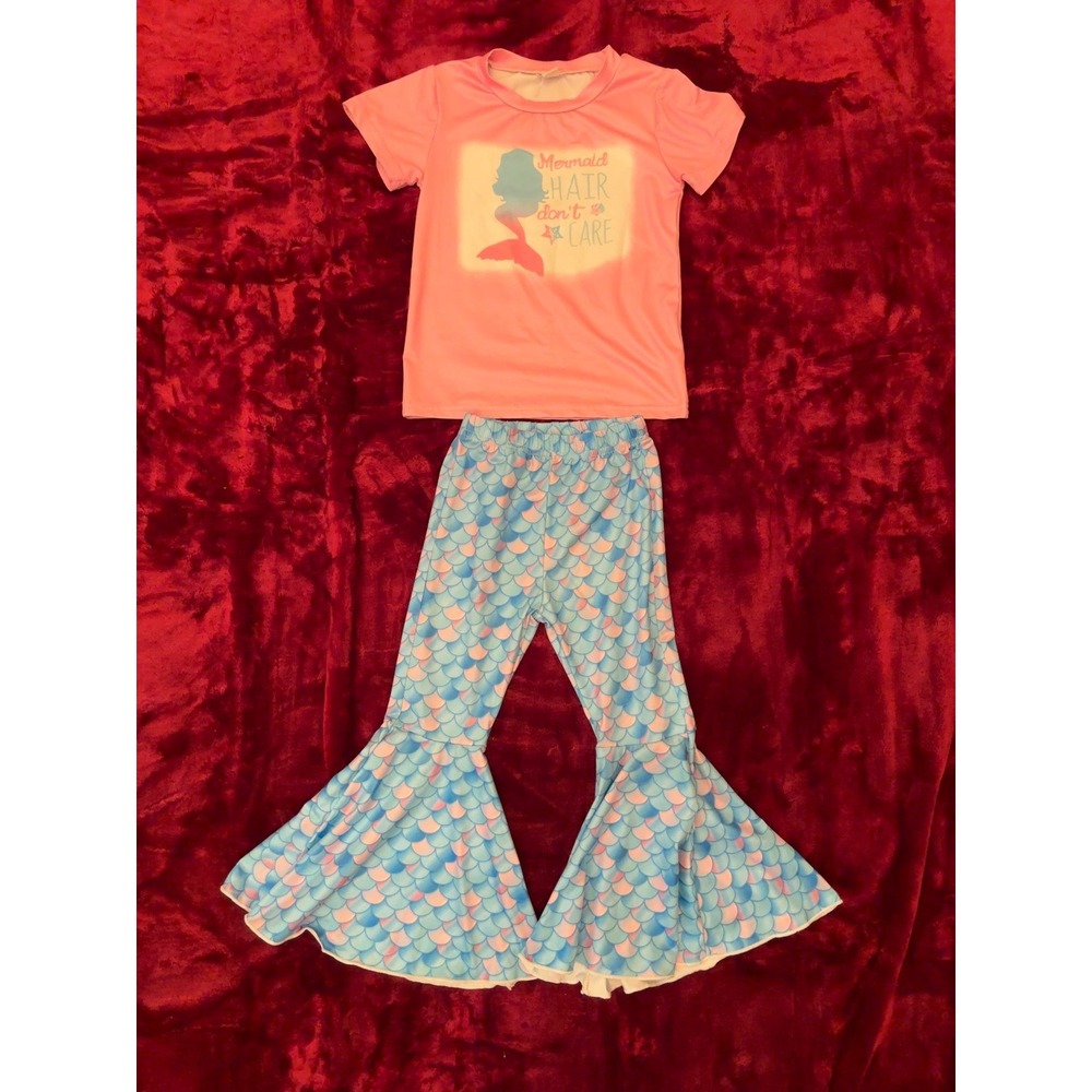 Girls Mermaid Hair Don't Care Pink Graphic Tee and Blue Scale Bell Bottom Set 4